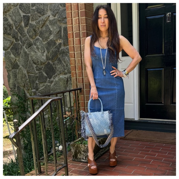 25 Slit Back Denim Dress With Spaghetti Strap - Picture 4 of 7